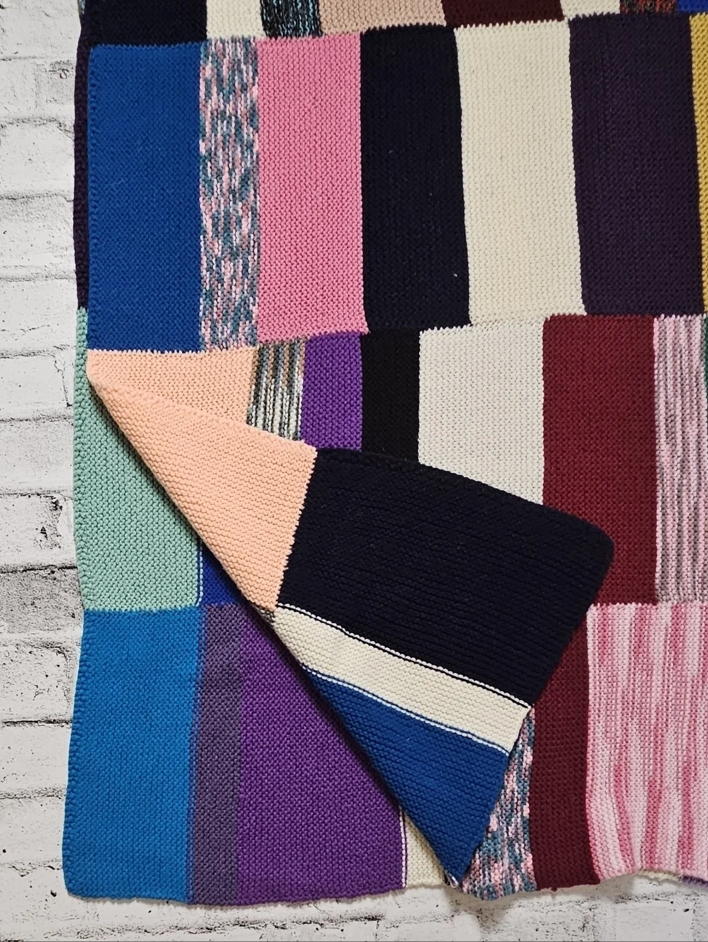 Hand Knit Patchwork Throw Blanket 52x69 Colorblock Boho Vintage Style